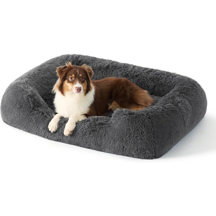 BEDSURE Fluffy Dog Bed for Medium Dogs - 76x61x18cm Washable Dog Bed for Medium Dogs, Square Cozy Bed with Soft Edge and Non-Slip Bottom, Gray (L 106 x W 76 x H 20 cm)