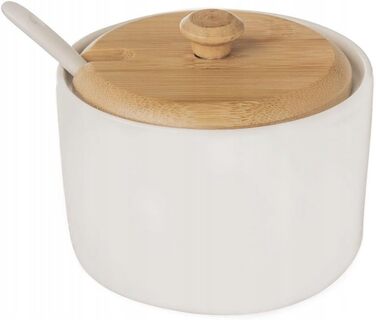 Цукорниця Orion Group з кришкою та ложкою, 6,5 см, біле порцелянове покриття та бамбукова ручка