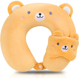 Подушка для шиї Tier Reisekissen: мила подушка з піною пам'яті для дорослих, авто, літака, поїзда, кемпінгу (колір: світло-коричневий, ведмедик)