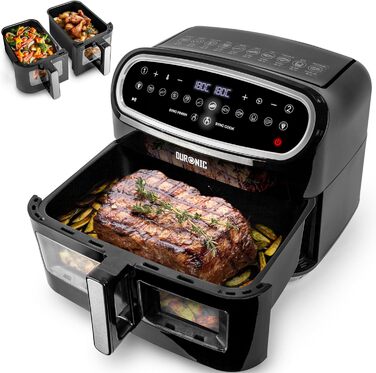 Duronic AF34 BK Hot Air Fryer, XXL Hot Air Fryer with 2 Chambers for Fries, Fryer HLF 10L Volume Airfryer, Air Fryer for Recipes Without Oil