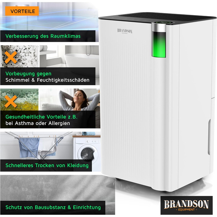 Електричний осушувач повітря Brandson з компресором, 12 літрів, Wi-Fi, з додатком, таймер, відвід води через шланг, захист від замерзання, білий