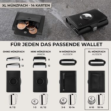 Чоловічий шкіряний гаманець PURISTO KLIK Classic Slim з відділенням для монет та RFID-захистом - компактний картхолдер для 10-14 карток (Чорний, AirTag XL)