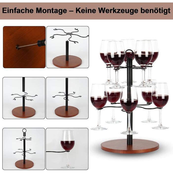 Стійка для келихів JUJOYBD на 10 келихів: 2-рівнева підставка для вина, Aperol та коктейльних келихів, з дерев'яним основанням для вечірок, свят та заходів на відкритому повітрі