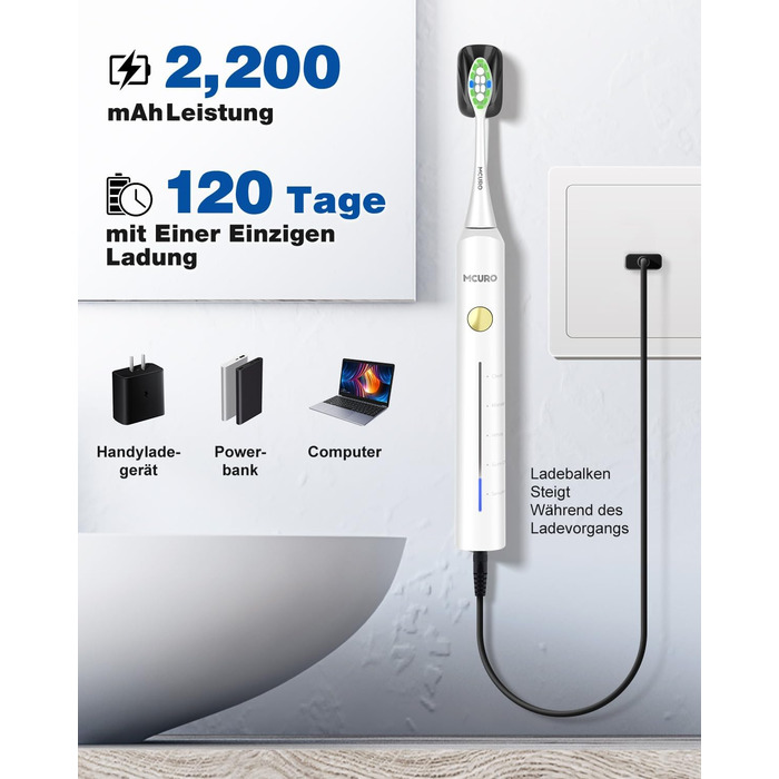 Електрична зубна щітка SonicClean 45000 VPM з 6 насадками, 5 режимів, таймер, індикатор заряду, відбілювання за 1 тиждень, 120 днів роботи від акумулятора