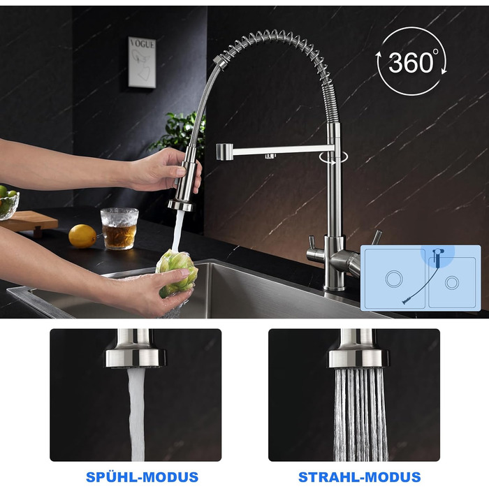 Кухонний змішувач 3 в 1 з поворотним гусаком 360° та двома режимами (з душем), з нержавіючої сталі та латуні, для фільтрації води, з двома ручками