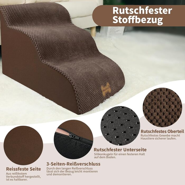 Non-slip Dog Stairs for Small Dogs 2-Step, Pet Stairs for Bed and Sofa made of High-Density Sponge, Dog Stairs Dog Ramp with Removable, Washable Cover and Non-Slip Bottom, 55x40x30cm (3 Steps Brown Dog Stairs)