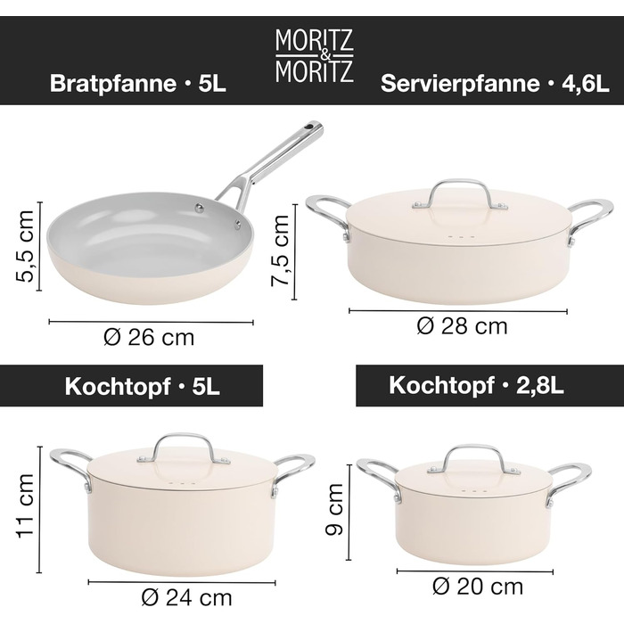 Moritz & Moritz 7-Piece Aluminum Cookware Set with Lids, Induction Compatible, including 2x Sauce Pots with Lids, 1x Serving Pan with Lid, and 1x Induction Frying Pan. Induction Cookware Set for all Cooktops, Cream color.