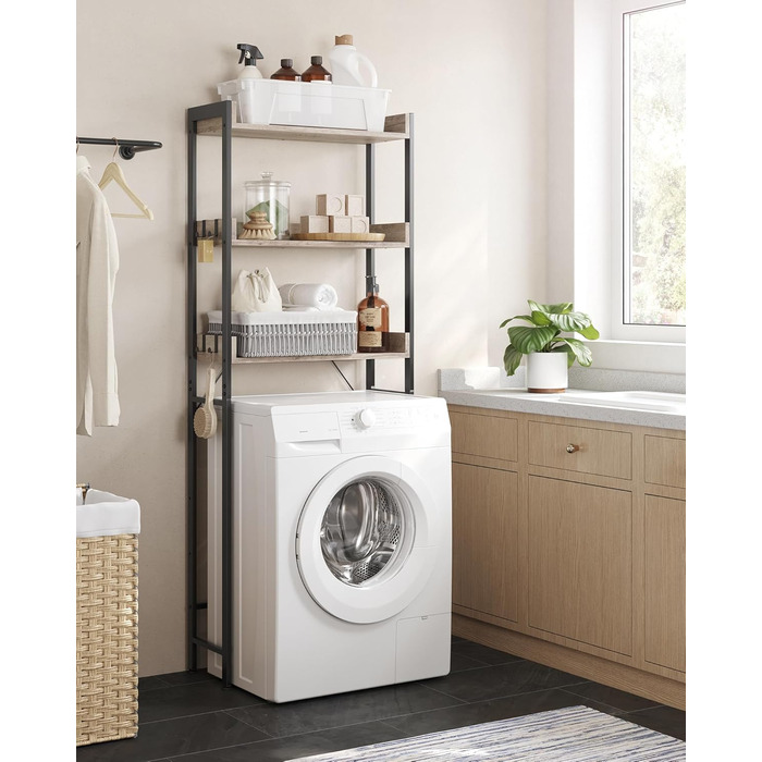 VASAGLE Toilet Shelf, 3 Tiers, Bathroom Shelf, Space-Saving, Easy to Assemble, for Laundry Room, Industrial Style, Rustic Brown and Black, BTS002B01 (Grey + Black)