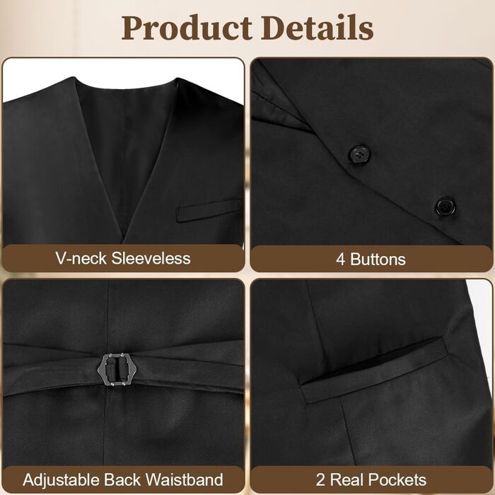Чоловіча жилетка Casual, костюмна жилетка Regular з кишенями, V-подібний виріз, повноеколірна жилетка, вінтажний стиль, готичний дизайн, костюмний комплект для формальних заходів, весілля, вечірок, дружби, бізнесу.
