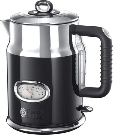 Russell Hobbs Kettle [1.7L, 2400W] Retro Black & Polished Stainless Steel (Quick Boil Function, Retro-Style Water Temperature Indicator, External Water Level Indicator) Vintage Teakettle 21671-70