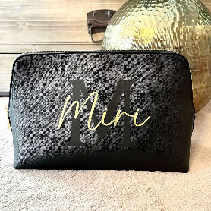 Personalized Cosmetic Bag Initia + Name, Makeup Bag, Toiletry Bag for Women, Handbag, Gift for Women, Makeup Beauty (Large) (L, Black)
