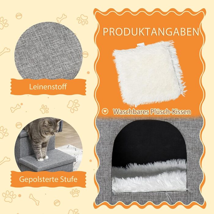 PawHut Сходинка для собак 3 сходинки, 40.5 см, з подушкою-печериною, місцем для зберігання, для котів та маленьких собак, сірого кольору, для ліжка, дивану, авто