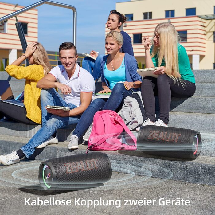 ZEALOT Bluetooth колонка 60W (70W пік) з підсвіткою, портативна, USB/Micro SD/AUX, Bluetooth 5.3, IPX6 водонепроникна, подвійне з'єднання, стереозвук для телефону, пляжу