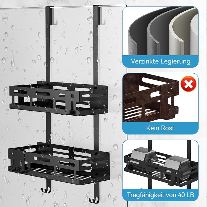 Reading Tour Shower Shelf 0n Drilling Black, Hanging Shower Shelf for Glass Shower Doors, Hanging Shower Shelf with 2 Shower Baskets, 4 Fixed Hooks, 1 Glass Wiper Hook, and 2 Movable Hooks Equipped