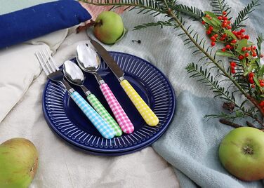 Набір столових приборів EXZACT з нержавіючої сталі, 24 штуки - ручки кольору гінгам (рожеві) - 6 виделок, 6 ножів, 6 ложок, 6 чайних ложок