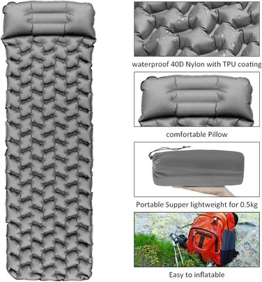 Ultralight Inflatable Camping Mat with Pillow - Waterproof Folding Air Mattress for Camping, Hiking, Travel & Backpacking