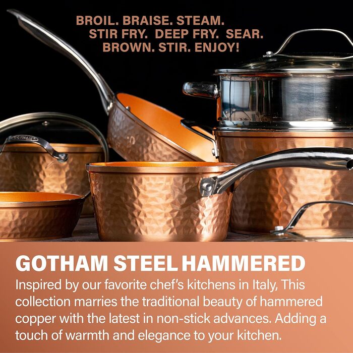 Сковорода Gotham Steel 30 см з антипригарним покриттям та кришкою, Hammered Copper Collection, преміум-алюмінію, нержавіючі ручки, індукційна плита, для яєць