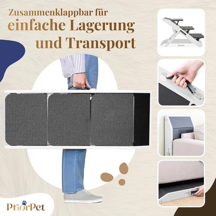 Сходинка для собак на ліжко та диван 2-в-1 - регульована пандус для собак, 18-50 см - для маленьких собак, легка у переміщенні, з платформою, натуральне дерево (білий дуб)