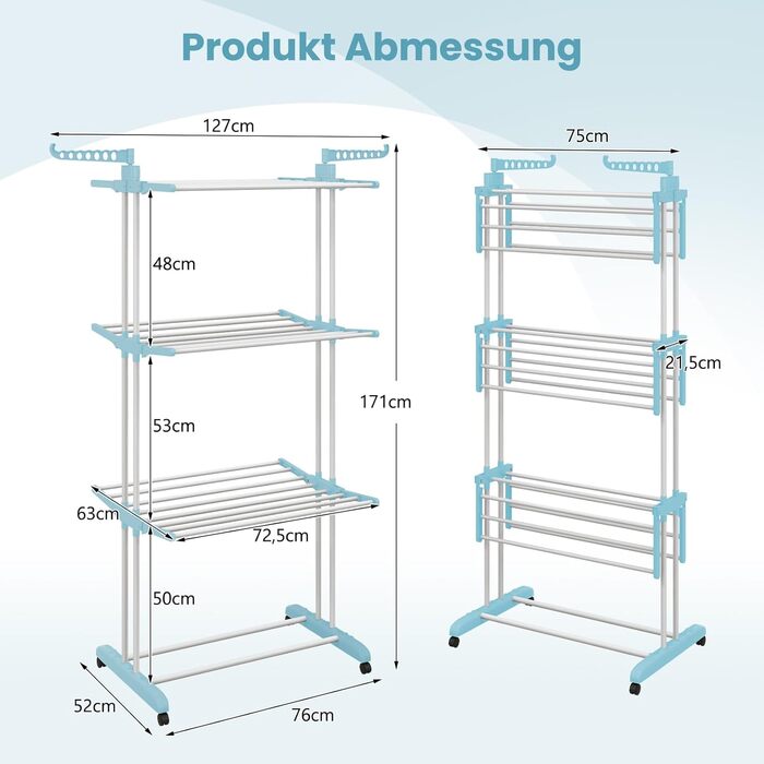 Сушарка для білизни GOPLUS 4-рівнева розкладна з 2 тримачами для вішалок, 3 висувними полицями, полицею для взуття та 4 колесами для використання в приміщенні та на вулиці (Блакитна)