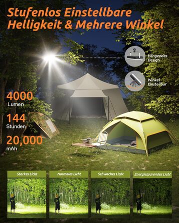 Eventek LED Camping Lantern 4000LM, 20000mAh Power Bank USB Rechargeable Tent Lamp up to 144 Hours, IPX5 Waterproof Camping Lamp with 4 Light Modes for Reading, Tent, Fishing, Blackout