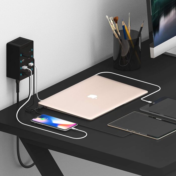 Зарядний пристрій Sabrent USB 60W 10 портів, станція швидкої зарядки з мережею для MacBook, USB-C ноутбуків, iPhone, Samsung Galaxy (AX-TPCS)