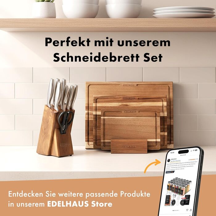 Набір ножів Edelhaus 9 предметів з бруском та інтегрійом точилом. Професійний набір кухонних ножів з нержавіючої сталі X50CRMOV15, з нержавіючими ручками, з ножицями та дерев'яним блоком з акації.