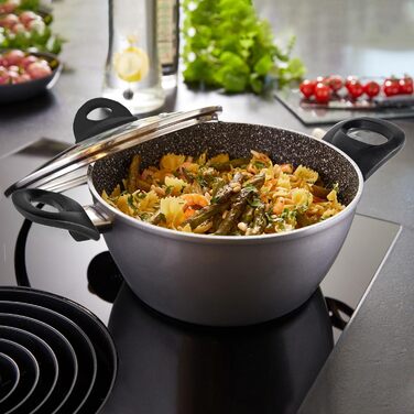 STONELINE Ceramic Cookware Set, 6-Piece, 18/20/24cm Pots with Lids. PFAS-Free, Non-Stick Pot. Suitable for Induction and All Cooktops with Ceramic Coating and Real Stone Particles. Cookware Set, Grey, 6-Piece