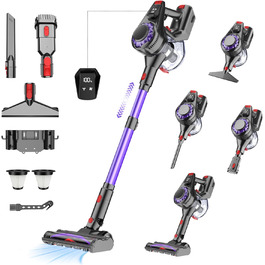 Бездротовий акумуляторний пилосос 450W, 40KPa, без мішка з HEPA-фільтром та LED-дисплеєм, антизаплутана щітка, самостійна підставка з кріпленням на стіну, час роботи 50 хв, для килимів, твердих підлог, шерсті тварин та авто