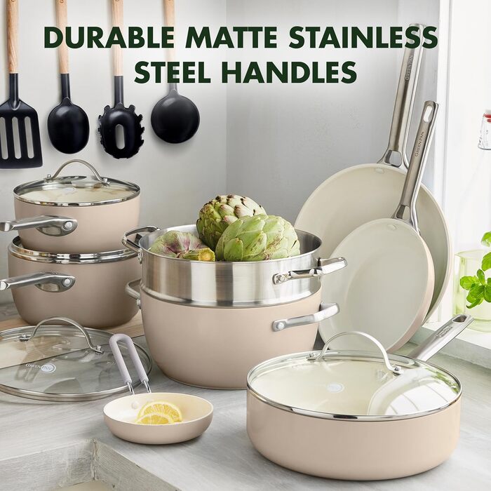 Набір посуду GreenPan Padova з антипригарним покриттям Hartelox, 17 предметів, без PFAS, індукція, безпечний для здоров'я, Taupe