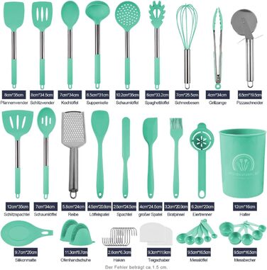 Набір кухонних помічників 45 предметів: силіконове кухонне приладдя, тримач, вінчик з нержавіючої сталі, половник, лопатка, придатне для миття в посудомийній машині, колір блакитний