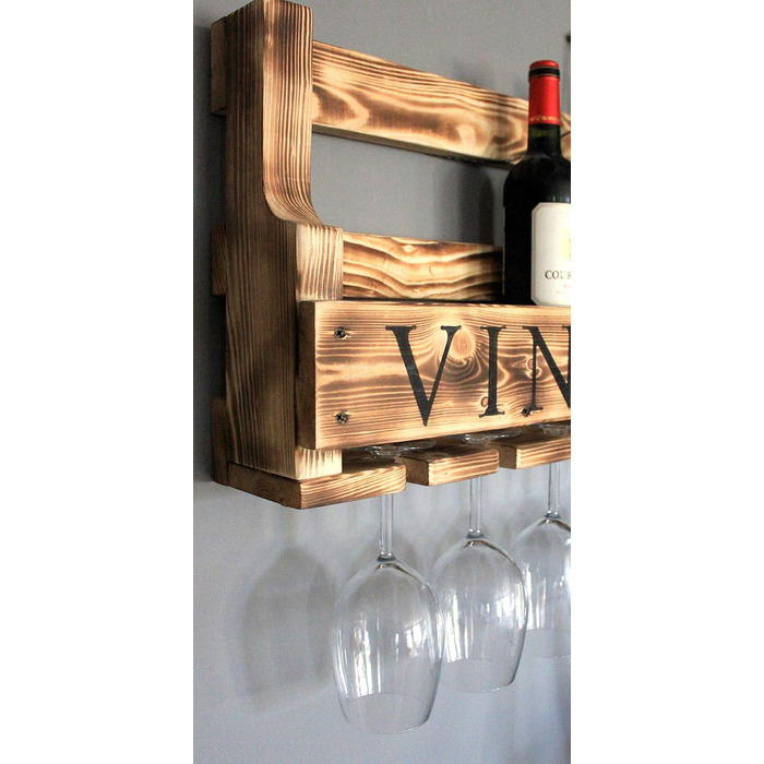Wooden Wall-Mounted Wine Rack - with Glass Holder and VINO Signage - Charred - Ready to Assemble - Shelf for Wine Bottles and Glasses