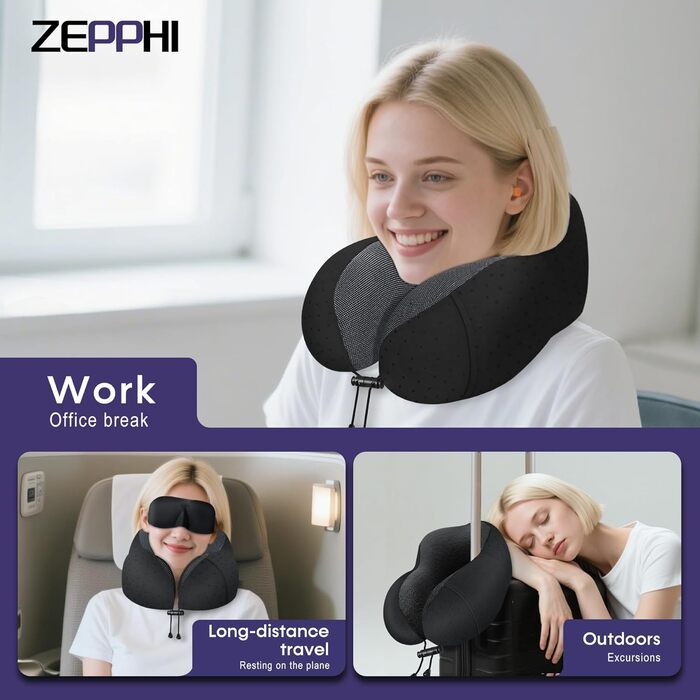 Подушка для шиї у літак - туристична подушка з Memory Foam - зручна подушка-воротник з м'яким дихаючим чохлом - ідеальна для подорожей, офісу, авто, кемпінгу, сну (Чорний)
