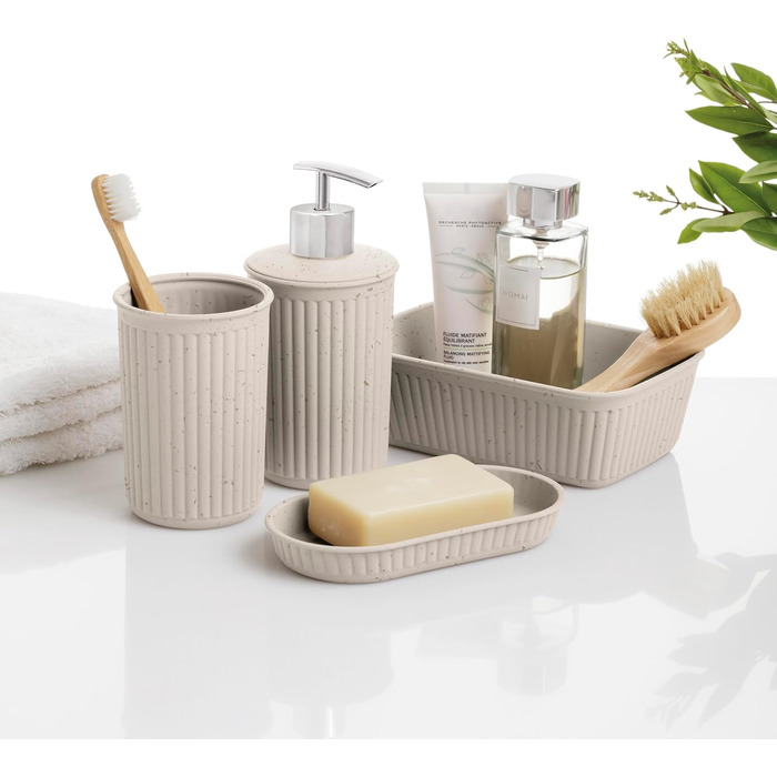 Набір аксесуарів для ванної кімнати TATAY Baobab ECOHOME (4 шт.): стакан для зубної пасти, дозатор мила, мильниця, органайзер A6. Без BPA, з переробленого пластику, поліпропілен, бежевий.