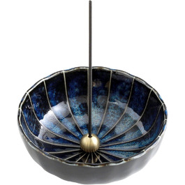 Asayu Japan Incense Holder - Blue Lotus - For 10cm Incense Sticks, Made in Japan, Traditional Ceramic Ash Catcher, Includes Removable Brass Stand - For Yoga, Meditation, and Relaxation
