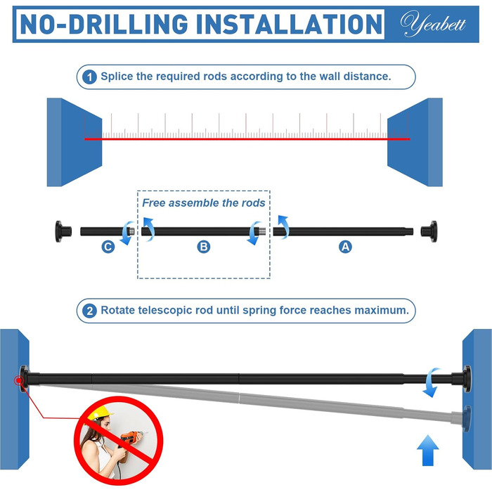 Штанга для штор без свердління, 48-119.4 см, телескопічна, кріпиться без свердління, чорна. Підходить для душу та штор. 1 шт.