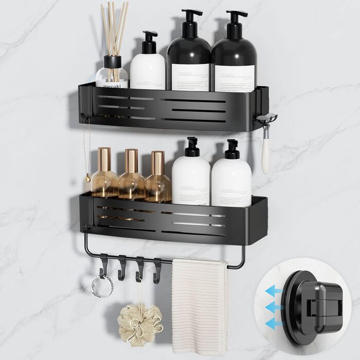 Двошаркова полиця для душу без свердління з присосками, вологостійка, чорна. Організатор для ванної кімнати з тримачем для рушників, шампуню та гелю для душу. Кутова полиця для душу з гачками, 2 шт.