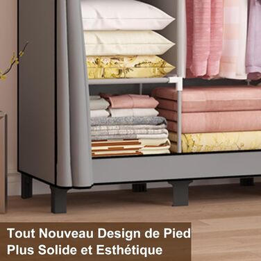 LOEFME Wardrobe, cloth wardrobe with 2 sturdy clothes rails, fabric clothes closet with shelves, open foldable clothes rack, storage for the bedroom, 172 x 130 x 45 cm (Grey)
