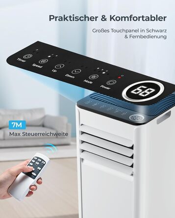 Мобільний кондиціонер 7000 BTU з витяжним шлангом | 4-в-1 | Тиха робота | Дисплей + пульт | Комплект для установки у вікно | Таймер 24г | Для приміщень до 20 м²
