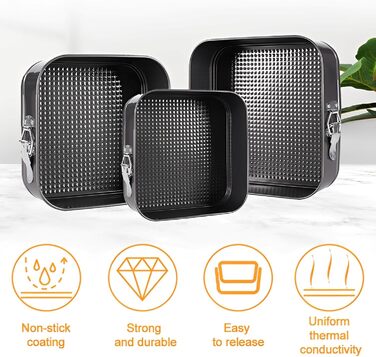 Набір форм для випікання тортів та кексів, квадратні, чорні, металеві, знімний дно, антипригарне покриття