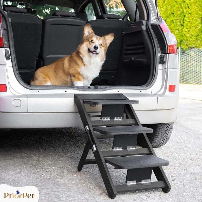 Сходинки для собак на ліжко та диван 2-в-1 - регульована рамка для собак, 18-50 см - для маленьких собак - легкі сходинки з платформою, натуральне дерево (чорний)