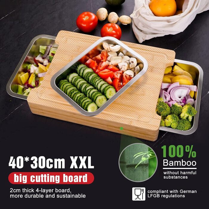 Rainsworth Bamboo Cutting Board with Drip Tray - with 3 Stainless Steel Bowls and Juice Groove - 40x30x7cm Large Solid Multifunctional Cutting Board High - Vegetable Cutting Board Bumbus with Feet