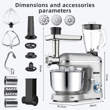 Homlee 3-in-1 Kitchen Machine - 1800W Food Processor with Meat Grinder, Juicer & 5.5L Stainless Steel Bowl - 6 Speed Mixer