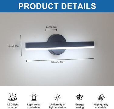 LED дзеркальна лампа Riserva 12W для ванної кімнати, поворотна 300°, 38 см, тепле світло 3000K, чорний колір