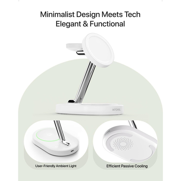 Intoval 3-в-1 Магнітна Бездротова Зарядка для iPhone 17/16/15/14/13/12, Apple Watch та AirPods, Швидка Зарядка з Блоком Живлення (Білий)