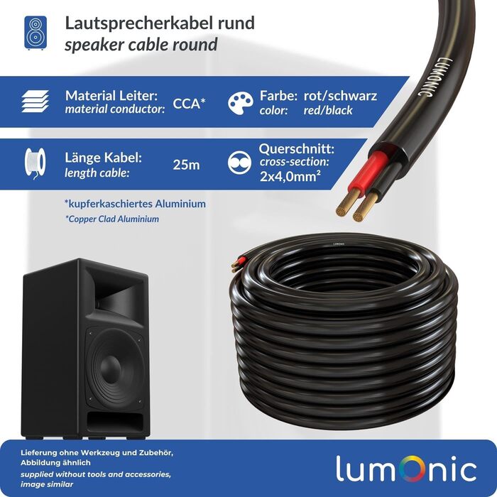 Акустичний кабель Lumonic 25м чорний 2x4mm² CCA HiFi для колонок, аудіо кабель 4mm²