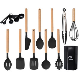 Набір кухонних аксесуарів 12 шт. з силікону з дерев'яними ручками, термостійкий антипригарний набір посуду: щипці, лопатки, ложки. Якісний кухонний набір (16+ чорний)