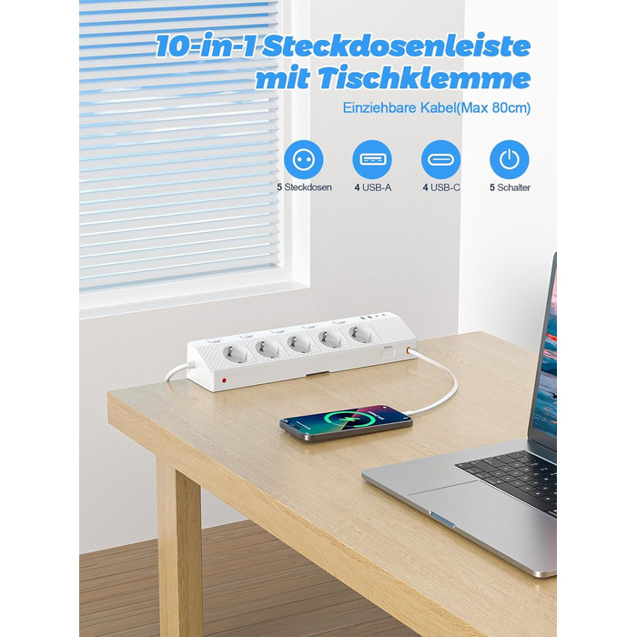 Мережевий адаптер PASSUS 5-fach з 2 USB-C (PD 30W), захист від перенапруги, індивідуальне вмикання, 10-в-1, кабель 2м, чорний