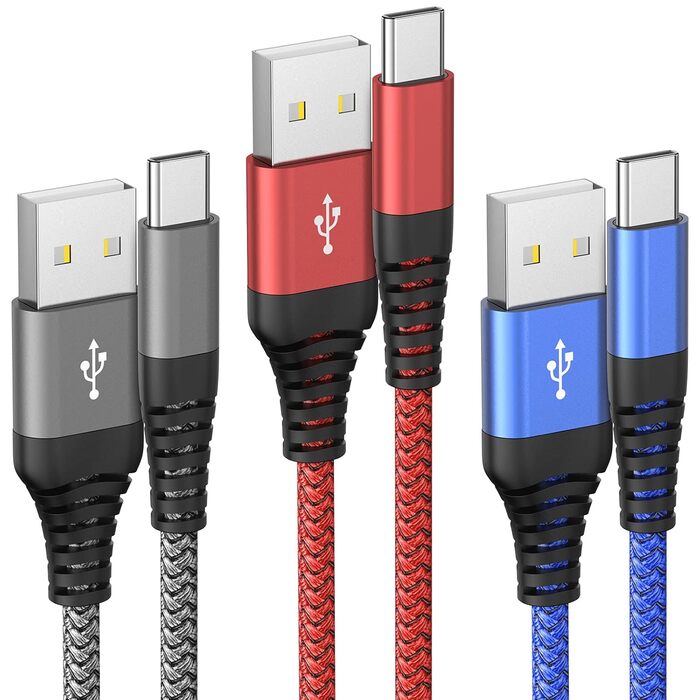 Кабель USB-C 3 шт. 1.8M, швидка зарядка QC 3.0, сумісний з Samsung Galaxy S23/S22/S21/S20, iPhone 16/15/15 Pro, Huawei, HTC, LG, Sony Xperia, Moto