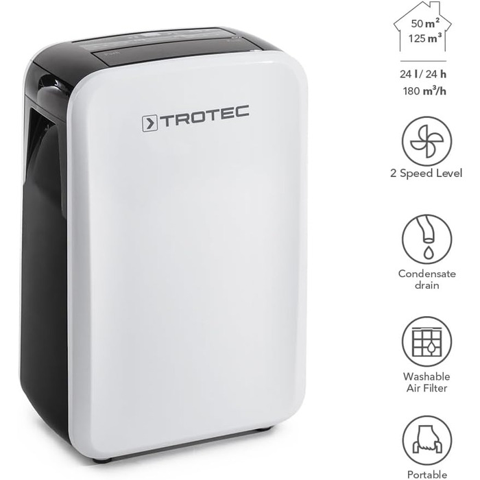 Електричний осушувач повітря Trotec TTK 54 E – продуктивність 24 л/добу, для площі до 40 м² та об'єму 100 м³, з автовимкненням, для квартири та спальні