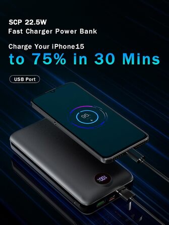 Power Bank 50000mAh з LED дисплеєм: Швидка зарядка 22.5W, 3 виходи USB-C, 2 входи, сумісний з Samsung, iPad, Android, чорний